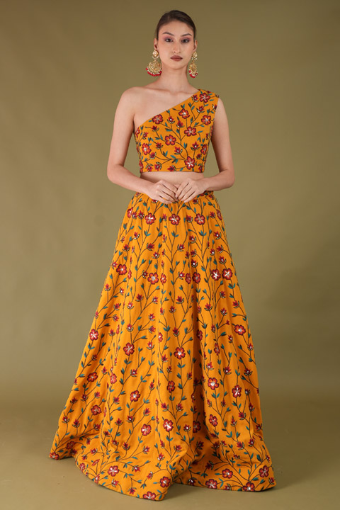 Floral Embroidered One Shoulder top and skirt set